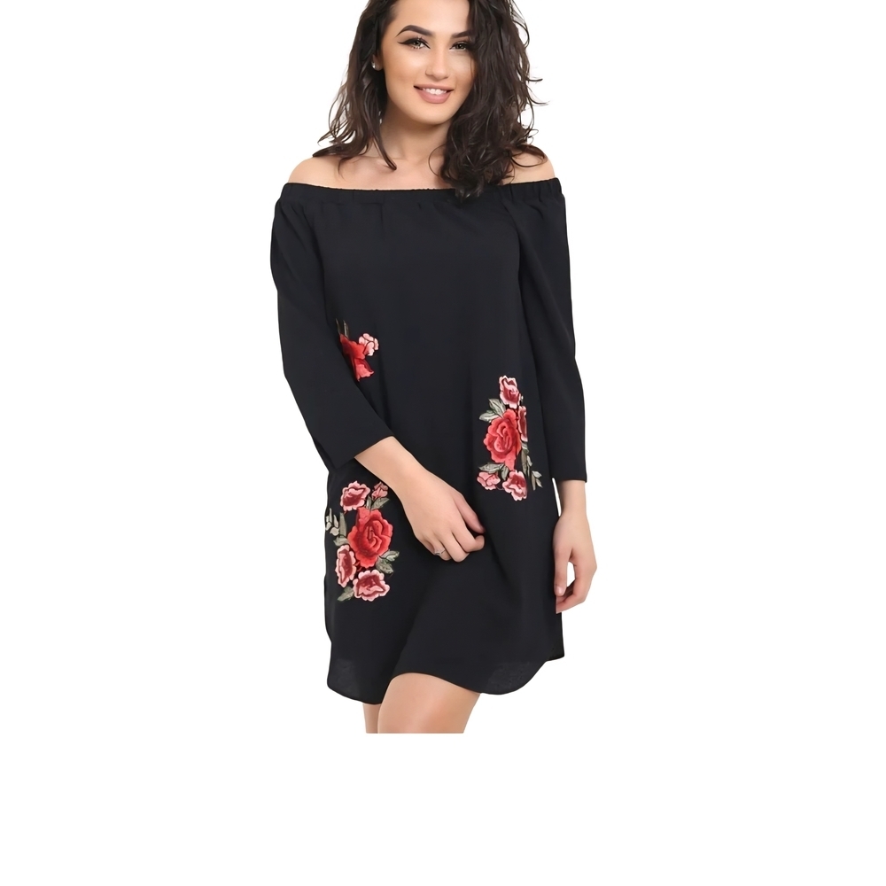 NWT SUZY SHIER Embroidered Black Bardot-style Dress/Tunic Wedding Guest Size M